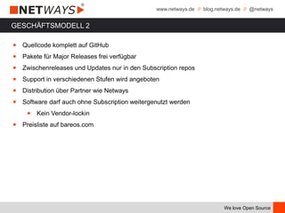 www.netways.de // blog.netways.de // @netways
We love Open Source
GESCHÄFTSMODELL 2
￭ Quellcode komplett auf GitHub
￭ Pakete für Major Releases frei verfügbar
￭ Zwischenreleases und Updates nur in den Subscription repos
￭ Support in verschiedenen Stufen wird angeboten
￭ Distribution über Partner wie Netways
￭ Software darf auch ohne Subscription weitergenutzt werden
￭ Kein Vendor-lockin
￭ Preisliste auf bareos.com
 