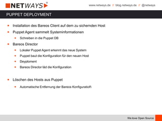 www.netways.de // blog.netways.de // @netways
We love Open Source
PUPPET DEPLOYMENT
￭ Installation des Bareos Client auf dem zu sichernden Host
￭ Puppet Agent sammelt Systeminformationen
￭ Schreiben in die Puppet DB
￭ Bareos Director
￭ Lokaler Puppet Agent erkennt das neue System
￭ Puppet baut die Konfiguration für den neuen Host
￭ Deyploment
￭ Bareos Director läd die Konfiguration
￭ Löschen des Hosts aus Puppet
￭ Automatische Entfernung der Bareos Konfiguration
 