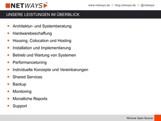 www.netways.de // blog.netways.de // @netways
We love Open Source
UNSERE LEISTUNGEN IM ÜBERBLICK
￭ Architektur- und Systemberatung
￭ Hardwarebeschaffung
￭ Housing, Colocation und Hosting
￭ Installation und Implementierung
￭ Betrieb und Wartung von Systemen
￭ Performancetuning
￭ Individuelle Konzepte und Vereinbarungen
￭ Shared Services
￭ Backup
￭ Monitoring
￭ Monatliche Reports
￭ Support
 