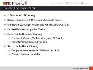 www.netways.de // blog.netways.de // @netways
We love Open Source
UNSERE RECHENZENTREN
￭ 2 Standorte in Nürnberg
￭ Beide Standorte mit 10Gbit/s redundant vernetzt
￭ Mehrfache Zugangssicherung & Kameraüberwachung
￭ Umweltüberwachung aller Racks
￭ Redundante Stromversorgung
 2 verschiedene USV Technologien / Schrank
 Dieselstromversorgung bis 72h
￭ Redundante Klimatisierung
 Doppelte Kompressoren & Kältekreisläufe
 2 verschiedene Hersteller
 