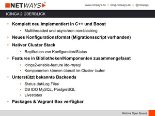 www.netways.de // blog.netways.de // @netways
We love Open Source
ICINGA 2 ÜBERBLICK
• Komplett neu implementiert in C++ und Boost
• Multithreaded und asynchron non-blocking
• Neues Konfigurationsformat (Migrationsscript vorhanden)
• Nativer Cluster Stack
• Replikation von Konfiguration/Status
• Features in Bibliotheken/Komponenten zusammengefasst
• icinga2-enable-feature ido-mysql
• Komponenten können überall im Cluster laufen
• Unterstützt bekannte Backends
• Status.dat/Log Files
• DB IDO MySQL, PostgreSQL
• Livestatus
• Packages & Vagrant Box verfügbar
 
