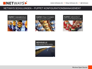 www.netways.de // blog.netways.de // @netways
We love Open Source
NETWAYS SCHULUNGEN – PUPPET KONFIGURATIONSMANAGEMENT
 