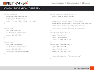 www.netways.de // blog.netways.de // @netways
We love Open Source
ICINGA 2 MIGRATION: GRUPPEN
define hostgroup {
hostgroup_name mysql-server
display_name MySQL Server
members *mysql*, WTF, !WTF, !*internal
}
define host {
host_name mysql-db1
use db-server,mysql-server
address 192.168.70.10
}
define host {
host_name customer-db7
use db-server,mysql-server
address 192.168.71.30
_PROD_MYSQL_DB db-customer-xy
}
object HostGroup "mysql-server" {
display_name = "MySQL Server"
assign where match("*mysql*", host.name)
assign where match("db-*", host.vars.prod_mysql_db)
ignore where host.vars.test_server == true
ignore where match("*internal", host.name)
}
object Host "mysql-db1" {
import "db-server"
import "mysql-server"
address = "192.168.70.10"
}
object Host "customer-db7" {
import "db-server"
import "mysql-server"
address = "192.168.71.30"
vars.prod_mysql_db = "db-customer-xy"
}
 