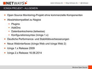 www.netways.de // blog.netways.de // @netways
We love Open Source
ICINGA PROJEKT - ALLGEMEIN
￭ Open Source Monitoring-Projekt ohne kommerzielle Komponenten
￭ Abwärtskompatibel zu Nagios
 Plugins
 AddOns
 Datenbankschema (teilweise)
 Konfigurationssyntax (Icinga 1.x)
￭ Deutliche Performance- und Stabilitätsverbesserungen
￭ Neue Webinterfaces (Icinga Web und Icinga Web 2)
￭ Icinga 1.x Release 2009
￭ Icinga 2.x Release 16.06.2014
 