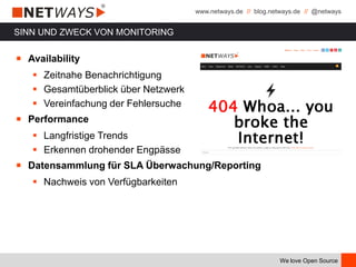 www.netways.de // blog.netways.de // @netways
We love Open Source
SINN UND ZWECK VON MONITORING
￭ Availability
 Zeitnahe Benachrichtigung
 Gesamtüberblick über Netzwerk
 Vereinfachung der Fehlersuche
￭ Performance
 Langfristige Trends
 Erkennen drohender Engpässe
￭ Datensammlung für SLA Überwachung/Reporting
 Nachweis von Verfügbarkeiten
 