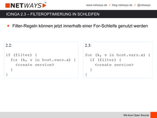 www.netways.de // blog.netways.de // @netways
We love Open Source
ICINGA 2.3 – FILTEROPTIMIERUNG IN SCHLEIFEN
￭ Filter-Regeln können jetzt innerhalb einer For-Schleife genutzt werden
 