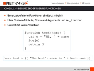 www.netways.de // blog.netways.de // @netways
We love Open Source
ICINGA 2.3 – BENUTZERDEFINIERTE FUNKTIONEN
￭ Benutzerdefinierte Funktionen sind jetzt möglich
￭ Über Custom-Attribute, Command Arguments und set_if nutzbar
￭ Unterstützt lokale Variablen
 