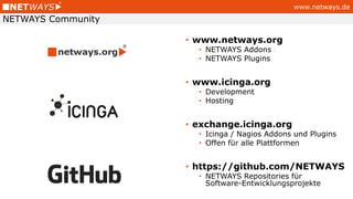 www.netways.de
NETWAYS Community
• www.netways.org
• NETWAYS Addons
• NETWAYS Plugins
• www.icinga.org
• Development
• Hosting
• exchange.icinga.org
• Icinga / Nagios Addons und Plugins
• Offen für alle Plattformen
• https://github.com/NETWAYS
• NETWAYS Repositories für
Software-Entwicklungsprojekte
 