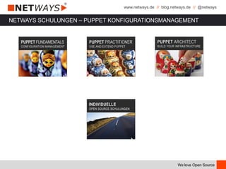 www.netways.de // blog.netways.de // @netways
We love Open Source
NETWAYS SCHULUNGEN – PUPPET KONFIGURATIONSMANAGEMENT
 