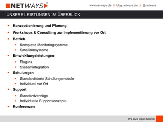 www.netways.de // blog.netways.de // @netways
We love Open Source
UNSERE LEISTUNGEN IM ÜBERBLICK
￭ Konzeptionierung und Planung
￭ Workshops & Consulting zur Implementierung vor Ort
￭ Betrieb
 Komplette Monitoringsysteme
 Satellitensysteme
￭ Entwicklungsleistungen
 Plugins
 Systemintegration
￭ Schulungen
 Standardisierte Schulungsmodule
 Individuell vor Ort
￭ Support
 Standardverträge
 Individuelle Supportkonzepte
￭ Konferenzen
 