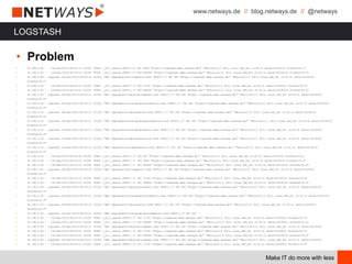 www.netways.de // blog.netways.de // @netways
Make IT do more with less
LOGSTASH
• Problem
• 91.198.2.65 - - [04/Dec/2013:08:53:10 +0100] "POST /_all/_search HTTP/1.1" 200 6666 "https://logstash.demo.netways.de/" "Mozilla/5.0 (X11; Linux x86_64; rv:25.0) Gecko/20100101 Firefox/25.0"
• 91.198.2.65 - - [04/Dec/2013:08:53:10 +0100] "POST /_all/_search HTTP/1.1" 200 492955 "https://logstash.demo.netways.de/" "Mozilla/5.0 (X11; Linux x86_64; rv:25.0) Gecko/20100101 Firefox/25.0"
• 91.198.2.65 - logstash [04/Dec/2013:08:53:10 +0100] "GET /app/partials/inspector.html HTTP/1.1" 304 245 "https://logstash.demo.netways.de/" "Mozilla/5.0 (X11; Linux x86_64; rv:25.0) Gecko/20100101
Firefox/25.0"
• 91.198.2.65 - - [04/Dec/2013:08:53:10 +0100] "POST /_all/_search HTTP/1.1" 200 17140 "https://logstash.demo.netways.de/" "Mozilla/5.0 (X11; Linux x86_64; rv:25.0) Gecko/20100101 Firefox/25.0"
• 91.198.2.65 - - [04/Dec/2013:08:53:10 +0100] "POST /_all/_search HTTP/1.1" 200 498624 "https://logstash.demo.netways.de/" "Mozilla/5.0 (X11; Linux x86_64; rv:25.0) Gecko/20100101 Firefox/25.0"
• 91.198.2.65 - logstash [04/Dec/2013:08:53:11 +0100] "GET /app/panels/table/micropanel.html HTTP/1.1" 304 245 "https://logstash.demo.netways.de/" "Mozilla/5.0 (X11; Linux x86_64; rv:25.0) Gecko/20100101
Firefox/25.0"
• 91.198.2.65 - logstash [04/Dec/2013:08:53:11 +0100] "GET /app/panels/histogram/styleEditor.html HTTP/1.1" 304 245 "https://logstash.demo.netways.de/" "Mozilla/5.0 (X11; Linux x86_64; rv:25.0) Gecko/20100101
Firefox/25.0"
• 91.198.2.65 - logstash [04/Dec/2013:08:53:11 +0100] "GET /app/panels/table/editor.html HTTP/1.1" 304 245 "https://logstash.demo.netways.de/" "Mozilla/5.0 (X11; Linux x86_64; rv:25.0) Gecko/20100101
Firefox/25.0"
• 91.198.2.65 - logstash [04/Dec/2013:08:53:11 +0100] "GET /app/panels/histogram/queriesEditor.html HTTP/1.1" 304 245 "https://logstash.demo.netways.de/" "Mozilla/5.0 (X11; Linux x86_64; rv:25.0) Gecko/20100101
Firefox/25.0"
• 91.198.2.65 - logstash [04/Dec/2013:08:53:11 +0100] "GET /app/panels/histogram/editor.html HTTP/1.1" 304 245 "https://logstash.demo.netways.de/" "Mozilla/5.0 (X11; Linux x86_64; rv:25.0) Gecko/20100101
Firefox/25.0"
• 91.198.2.65 - logstash [04/Dec/2013:08:53:11 +0100] "GET /app/panels/table/pagination.html HTTP/1.1" 304 245 "https://logstash.demo.netways.de/" "Mozilla/5.0 (X11; Linux x86_64; rv:25.0) Gecko/20100101
Firefox/25.0"
• 91.198.2.65 - logstash [04/Dec/2013:08:53:11 +0100] "GET /app/partials/querySelect.html HTTP/1.1" 304 245 "https://logstash.demo.netways.de/" "Mozilla/5.0 (X11; Linux x86_64; rv:25.0) Gecko/20100101
Firefox/25.0"
• 91.198.2.65 - - [04/Dec/2013:08:53:42 +0100] "POST /_all/_search HTTP/1.1" 200 667 "https://logstash.demo.netways.de/" "Mozilla/5.0 (X11; Linux x86_64; rv:25.0) Gecko/20100101 Firefox/25.0„
• 91.198.2.65 - - [04/Dec/2013:08:53:10 +0100] "POST /_all/_search HTTP/1.1" 200 6666 "https://logstash.demo.netways.de/" "Mozilla/5.0 (X11; Linux x86_64; rv:25.0) Gecko/20100101 Firefox/25.0"
• 91.198.2.65 - - [04/Dec/2013:08:53:10 +0100] "POST /_all/_search HTTP/1.1" 200 492955 "https://logstash.demo.netways.de/" "Mozilla/5.0 (X11; Linux x86_64; rv:25.0) Gecko/20100101 Firefox/25.0"
• 91.198.2.65 - logstash [04/Dec/2013:08:53:10 +0100] "GET /app/partials/inspector.html HTTP/1.1" 304 245 "https://logstash.demo.netways.de/" "Mozilla/5.0 (X11; Linux x86_64; rv:25.0) Gecko/20100101
Firefox/25.0"
• 91.198.2.65 - - [04/Dec/2013:08:53:10 +0100] "POST /_all/_search HTTP/1.1" 200 17140 "https://logstash.demo.netways.de/" "Mozilla/5.0 (X11; Linux x86_64; rv:25.0) Gecko/20100101 Firefox/25.0"
• 91.198.2.65 - - [04/Dec/2013:08:53:10 +0100] "POST /_all/_search HTTP/1.1" 200 498624 "https://logstash.demo.netways.de/" "Mozilla/5.0 (X11; Linux x86_64; rv:25.0) Gecko/20100101 Firefox/25.0"
• 91.198.2.65 - logstash [04/Dec/2013:08:53:11 +0100] "GET /app/panels/table/micropanel.html HTTP/1.1" 304 245 "https://logstash.demo.netways.de/" "Mozilla/5.0 (X11; Linux x86_64; rv:25.0) Gecko/20100101
Firefox/25.0"
• 91.198.2.65 - logstash [04/Dec/2013:08:53:11 +0100] "GET /app/panels/histogram/styleEditor.html HTTP/1.1" 304 245 "https://logstash.demo.netways.de/" "Mozilla/5.0 (X11; Linux x86_64; rv:25.0) Gecko/20100101
Firefox/25.0"
• 91.198.2.65 - logstash [04/Dec/2013:08:53:11 +0100] "GET /app/panels/table/editor.html HTTP/1.1" 304 245 "https://logstash.demo.netways.de/" "Mozilla/5.0 (X11; Linux x86_64; rv:25.0) Gecko/20100101
Firefox/25.0"
• 91.198.2.65 - logstash [04/Dec/2013:08:53:11 +0100] "GET /app/panels/histogram/queriesEditor.html HTTP/1.1" 304 245
• 91.198.2.65 - - [04/Dec/2013:08:53:10 +0100] "POST /_all/_search HTTP/1.1" 200 17140 "https://logstash.demo.netways.de/" "Mozilla/5.0 (X11; Linux x86_64; rv:25.0) Gecko/20100101 Firefox/25.0"
• 91.198.2.65 - - [04/Dec/2013:08:53:10 +0100] "POST /_all/_search HTTP/1.1" 200 498624 "https://logstash.demo.netways.de/" "Mozilla/5.0 (X11; Linux x86_64; rv:25.0) Gecko/20100101 Firefox/25.0"
• 91.198.2.65 - logstash [04/Dec/2013:08:53:11 +0100] "GET /app/panels/table/micropanel.html HTTP/1.1" 304 245 "https://logstash.demo.netways.de/" "Mozilla/5.0 (X11; Linux x86_64; rv:25.0) Gecko/20100101
• 91.198.2.65 - - [04/Dec/2013:08:53:10 +0100] "POST /_all/_search HTTP/1.1" 200 17140 "https://logstash.demo.netways.de/" "Mozilla/5.0 (X11; Linux x86_64; rv:25.0) Gecko/20100101 Firefox/25.0"
• 91.198.2.65 - - [04/Dec/2013:08:53:10 +0100] "POST /_all/_search HTTP/1.1" 200 498624 "https://logstash.demo.netways.de/" "Mozilla/5.0 (X11; Linux x86_64; rv:25.0) Gecko/20100101 Firefox/25.0"
• 91.198.2.65 - logstash [04/Dec/2013:08:53:11 +0100] "GET /app/panels/table/micropanel.html HTTP/1.1" 304 245 "https://logstash.demo.netways.de/" "Mozilla/5.0 (X11; Linux x86_64; rv:25.0) Gecko/20100101
• 91.198.2.65 - - [04/Dec/2013:08:53:10 +0100] "POST /_all/_search HTTP/1.1" 200 17140 "https://logstash.demo.netways.de/" "Mozilla/5.0 (X11; Linux x86_64; rv:25.0) Gecko/20100101 Firefox/25.0"
 