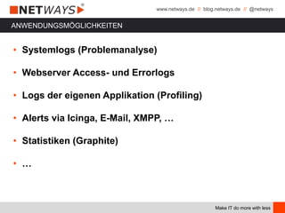 www.netways.de // blog.netways.de // @netways
Make IT do more with less
ANWENDUNGSMÖGLICHKEITEN
• Systemlogs (Problemanalyse)
• Webserver Access- und Errorlogs
• Logs der eigenen Applikation (Profiling)
• Alerts via Icinga, E-Mail, XMPP, …
• Statistiken (Graphite)
• …
 
