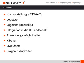 www.netways.de // blog.netways.de // @netways
Make IT do more with less
AGENDA
￭ Kurzvorstellung NETWAYS
￭ Logstash
￭ Logstash Architektur
￭ Integration in die IT-Landschaft
￭ Anwendungsmöglichkeiten
￭ Kibana
￭ Live Demo
￭ Fragen & Antworten
 