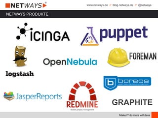 www.netways.de // blog.netways.de // @netways
Make IT do more with less
NETWAYS PRODUKTE
GRAPHITE
NETWAYS PRODUKTE
 