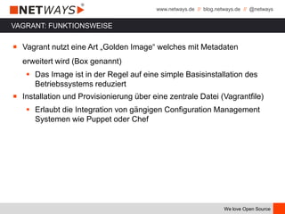 www.netways.de // blog.netways.de // @netways
We love Open Source
￭ Vagrant nutzt eine Art „Golden Image“ welches mit Metadaten
erweitert wird (Box genannt)
 Das Image ist in der Regel auf eine simple Basisinstallation des
Betriebssystems reduziert
￭ Installation und Provisionierung über eine zentrale Datei (Vagrantfile)
 Erlaubt die Integration von gängigen Configuration Management
Systemen wie Puppet oder Chef
VAGRANT: FUNKTIONSWEISE
 