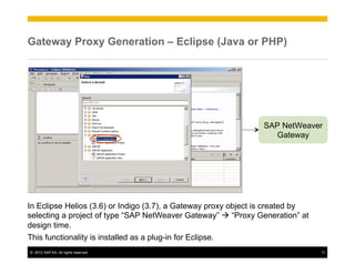 Gateway Proxy Generation – Eclipse (Java or PHP)




                                                                SAP NetWeaver
                                                                  Gateway




In Eclipse Helios (3.6) or Indigo (3.7), a Gateway proxy object is created by
selecting a project of type “SAP NetWeaver Gateway” à “Proxy Generation” at
design time.
This functionality is installed as a plug-in for Eclipse.
©  2012 SAP AG. All rights reserved.                                            11
 