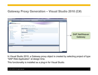 Gateway Proxy Generation – Visual Studio 2010 (C#)




                                                                  SAP NetWeaver
                                                                    Gateway




In Visual Studio 2010, a Gateway proxy object is created by selecting project of type
“SAP Web Application” at design time.
This functionality is installed as a plug-in for Visual Studio.

©  2012 SAP AG. All rights reserved.                                               12
 