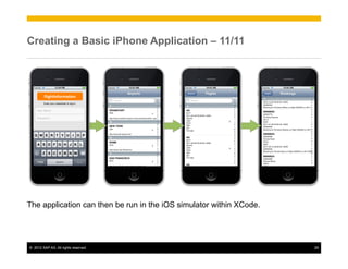 Creating a Basic iPhone Application – 11/11




The application can then be run in the iOS simulator within XCode.




©  2012 SAP AG. All rights reserved.                                 29
 