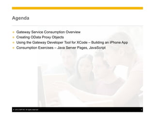 Agenda

u    Gateway Service Consumption Overview
u    Creating OData Proxy Objects
u    Using the Gateway Developer Tool for XCode – Building an iPhone App
u    Consumption Exercises – Java Server Pages, JavaScript




 ©  2012 SAP AG. All rights reserved.                                       3
 