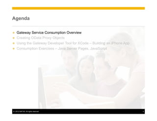 Agenda

u    Gateway Service Consumption Overview
u    Creating OData Proxy Objects
u    Using the Gateway Developer Tool for XCode – Building an iPhone App
u    Consumption Exercises – Java Server Pages, JavaScript




 ©  2012 SAP AG. All rights reserved.                                       4
 