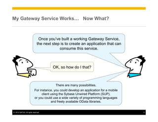 My Gateway Service Works… Now What?



                                 Once you’ve built a working Gateway Service,
                                the next step is to create an application that can
                                             consume this service.



                                          OK, so how do I that?



                                            There are many possibilities.
                             For instance, you could develop an application for a mobile
                                   client using the Sybase Unwired Platform (SUP),
                             or you could use a wide variety of programming languages
                                          and freely available OData libraries.


©  2012 SAP AG. All rights reserved.                                                       5
 