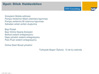 GündemFIT ConsultingNetweaver DeninceFIT Netweaver Kullanarak Sunduğu servislerFIT Netweaver Projeleri İçin Hazır İçerikOn Parmakta 10 Marifet	4.1.	İDO – İstanbul Deniz Otobüsleri	4.2.	Ülker	4.3.	TüvTürk	4.4.	İsfalt	4.5. 	Temsa Global	4.6.	Koçtaş	4.7.	Divan	4.8.	Opet	4.9.	KTHY	4.10.	BorusanManheim	4.11.	Tüpraş	4.12.	Çimsa	4.13.	Eczacıbaşı Girşim Pazarlama	4.14.	Umur Kırtasiye	4.15. 	BriSA	4.16.	Türk Telekom	4.17.	Hayat Holding	4.18.	 Global Bilgi(Turkcell)	4.19.	Samir (Fas)	4.20. 	Borçelik© SAP 2009 / Page 3