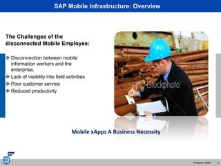 SAP Mobile Infrastructure: Overview



The Challenges of the
disconnected Mobile Employee:

 Disconnection between mobile
  information workers and the
  enterprise.
 Lack of visibility into field activities
 Poor customer service
 Reduced productivity




                                  Mobile xApps A Business Necessity



                                                                      © Satyam 2008   3
 