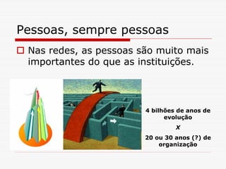 Pessoas, sempre pessoas
 Nas redes, as pessoas são muito mais
 importantes do que as instituições.




                        4 bilhões de anos de
                              evolução
                                 X
                        20 ou 30 anos (?) de
                            organização
 