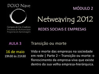 MÓDULO 2

                     Netweaving 2012
                     REDES SOCIAIS E EMPRESAS


  AULA 3         Transição ou morte
16 de maio       Vida e morte das empresas na sociedade
19h30 às 21h30   em rede | Parte 2 – Transição ou morte: o
                 florescimento da empresa-viva que existe
                 dentro da sua velha empresa-hierárquica.
 