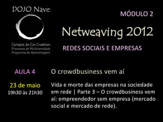 MÓDULO 2

                    Netweaving 2012
                     REDES SOCIAIS E EMPRESAS


  AULA 4         O crowdbusiness vem aí
23 de maio       Vida e morte das empresas na sociedade
19h30 às 21h30   em rede | Parte 3 – O crowdbusiness vem
                 aí: empreendedor sem empresa (mercado
                 social e mercado de rede).
 