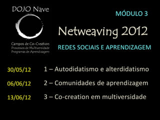 MÓDULO 3

               Netweaving 2012
               REDES SOCIAIS E APRENDIZAGEM


30/05/12   1 – Autodidatismo e alterdidatismo

06/06/12   2 – Comunidades de aprendizagem

13/06/12   3 – Co-creation em multiversidade
 