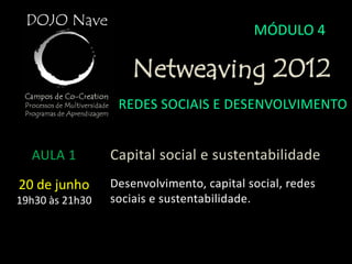 MÓDULO 4

                     Netweaving 2012
                  REDES SOCIAIS E DESENVOLVIMENTO


  AULA 1         Capital social e sustentabilidade
20 de junho      Desenvolvimento, capital social, redes
19h30 às 21h30   sociais e sustentabilidade.
 