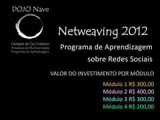 Netweaving 2012
   Programa de Aprendizagem
           sobre Redes Sociais
VALOR DO INVESTIMENTO POR MÓDULO
                Módulo 1 R$ 300,00
                Módulo 2 R$ 400,00
                Módulo 3 R$ 300,00
                Módulo 4 R$ 200,00
 