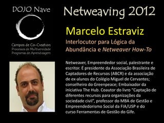 Netweaving 2012
Marcelo Estraviz
Interlocutor para Lógica da
Abundância e Netweaver How-To
Netweaver, Empreendedor social, palestrante e
escritor. É presidente da Associação Brasileira de
Captadores de Recursos (ABCR) e da associação
de ex-alunos do Colégio Miguel de Cervantes;
conselheiro do Greenpeace; Embaixador da
iniciativa The Hub. Coautor do livro “Captação de
diferentes recursos para organizações da
sociedade civil”, professor do MBA de Gestão e
Empreendedorismo Social da FIA/USP e do
curso Ferramentas de Gestão do Gife.
 