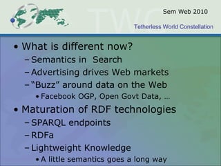 Sem Web 2010 What is different now? Semantics in  Search Advertising drives Web markets “ Buzz” around data on the Web Facebook OGP, Open Govt Data, … Maturation of RDF technologies SPARQL endpoints RDFa Lightweight Knowledge A little semantics goes a long way 