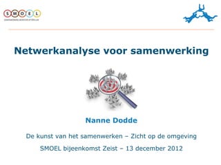 Netwerkanalyse voor samenwerking




                  Nanne Dodde

 De kunst van het samenwerken – Zicht op de omgeving

     SMOEL bijeenkomst Zeist – 13 december 2012
 