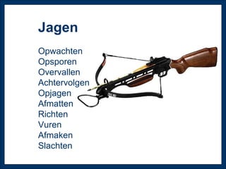 Jagen Opwachten Opsporen Overvallen Achtervolgen Opjagen Afmatten Richten Vuren Afmaken Slachten 