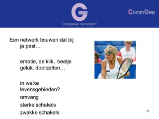 Een netwerk bouwen dat bij je past… emotie, de klik,  beetje geluk, doorzetten… in welke levensgebieden? omvang sterke schakels  zwakke schakels 