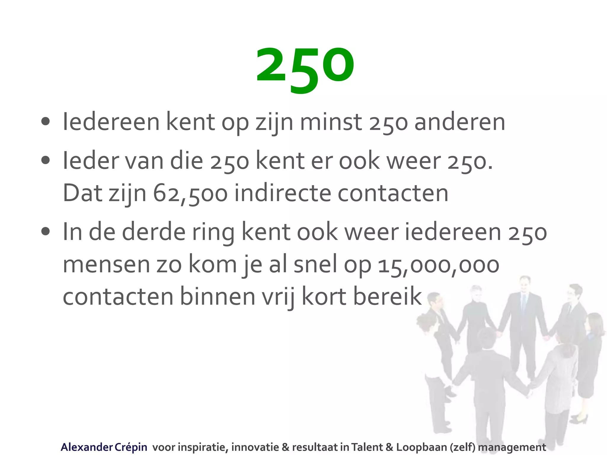 250
• Iedereen kent op zijn minst 250 anderen
• Ieder van die 250 kent er ook weer 250.
Dat zijn 62,500 indirecte contacten
• In de derde ring kent ook weer iedereen 250
mensen zo kom je al snel op 15,000,000
contacten binnen vrij kort bereik
AlexanderCrépin voor inspiratie, innovatie & resultaat inTalent & Loopbaan (zelf) management
 