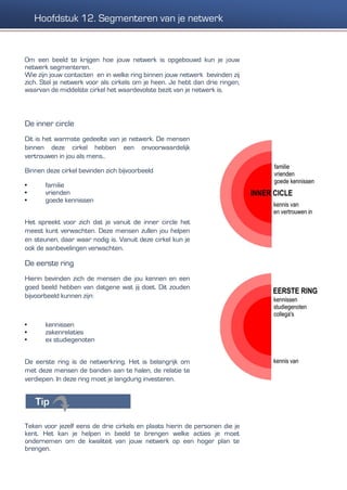Om een beeld te krijgen hoe jouw netwerk is opgebouwd kun je jouw
netwerk segmenteren.
Wie zijn jouw contacten en in welke ring binnen jouw netwerk bevinden zij
zich. Stel je netwerk voor als cirkels om je heen. Je hebt dan drie ringen,
waarvan de middelste cirkel het waardevolste bezit van je netwerk is.
Teken voor jezelf eens de drie cirkels en plaats hierin de personen die je
kent. Het kan je helpen in beeld te brengen welke acties je moet
ondernemen om de kwaliteit van jouw netwerk op een hoger plan te
brengen.
De inner circle
Dit is het warmste gedeelte van je netwerk. De mensen
binnen deze cirkel hebben een onvoorwaardelijk
vertrouwen in jou als mens..
Binnen deze cirkel bevinden zich bijvoorbeeld
• familie
• vrienden
• goede kennissen
Het spreekt voor zich dat je vanuit de inner circle het
meest kunt verwachten. Deze mensen zullen jou helpen
en steunen, daar waar nodig is. Vanuit deze cirkel kun je
ook de aanbevelingen verwachten.
De eerste ring
Hierin bevinden zich de mensen die jou kennen en een
goed beeld hebben van datgene wat jij doet. Dit zouden
bijvoorbeeld kunnen zijn:
• kennissen
• zakenrelaties
• ex studiegenoten
De eerste ring is de netwerkring. Het is belangrijk om
met deze mensen de banden aan te halen, de relatie te
verdiepen. In deze ring moet je langdurig investeren.
Hoofdstuk 12. Segmenteren van je netwerk
 