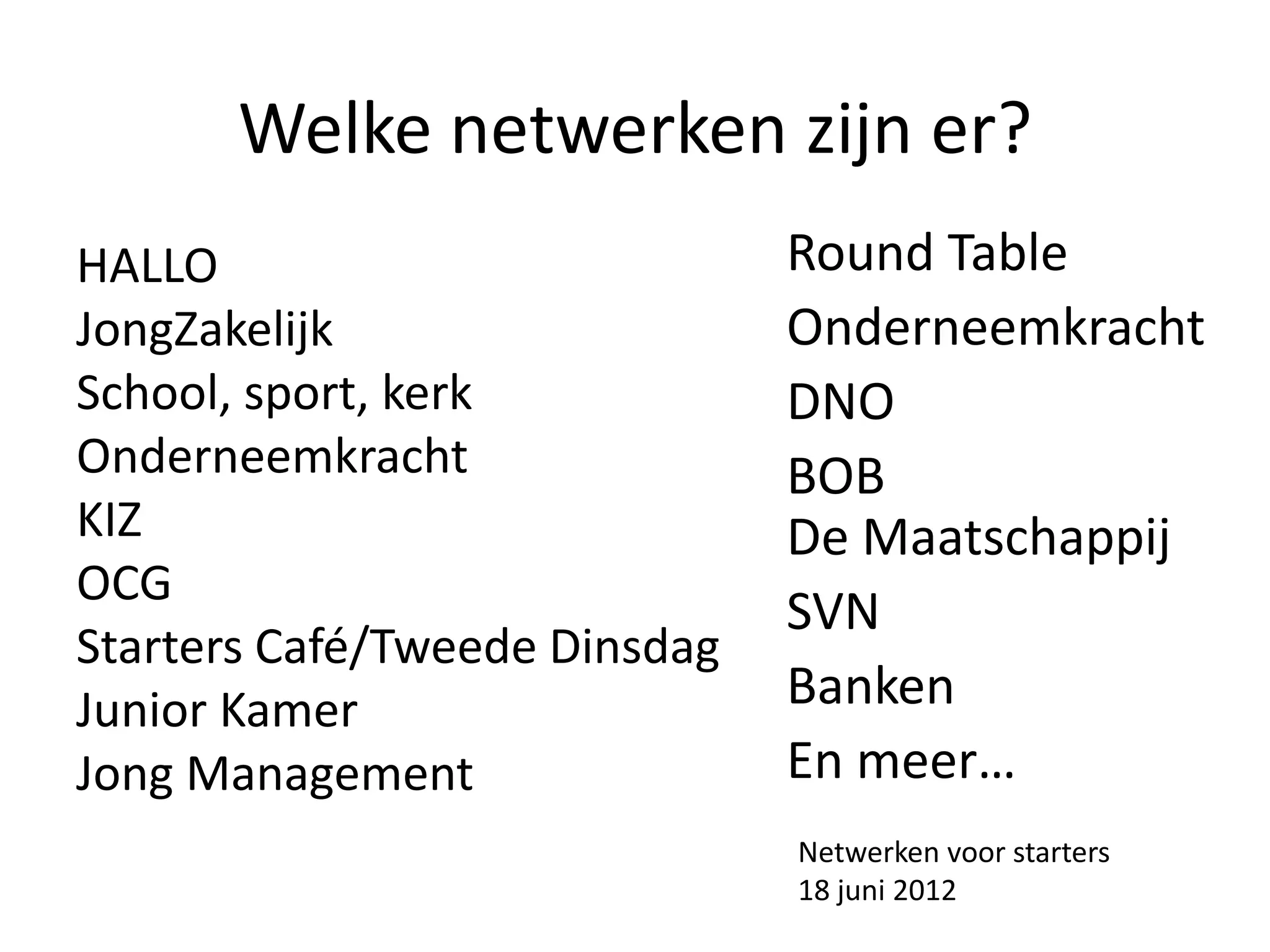 Welke netwerken zijn er?
HALLO                          Round Table
JongZakelijk                   Onderneemkracht
School, sport, kerk            DNO
Onderneemkracht                BOB
KIZ                            De Maatschappij
OCG
                               SVN
Starters Café/Tweede Dinsdag
Junior Kamer                   Banken
Jong Management                En meer…
                               Netwerken voor starters
                               18 juni 2012
 