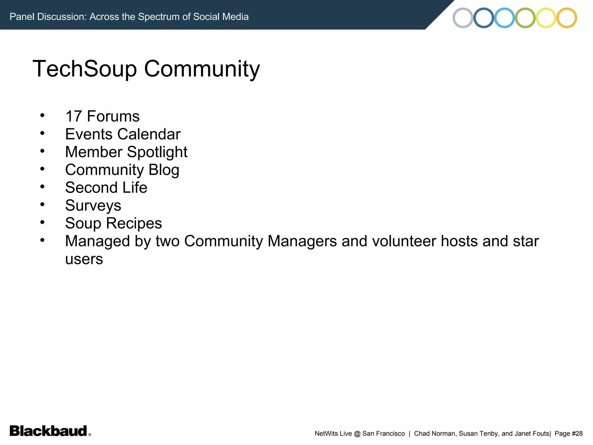 TechSoup Community 17 Forums Events Calendar Member Spotlight Community Blog Second Life Surveys Soup Recipes Managed by two Community Managers and volunteer hosts and star users 
