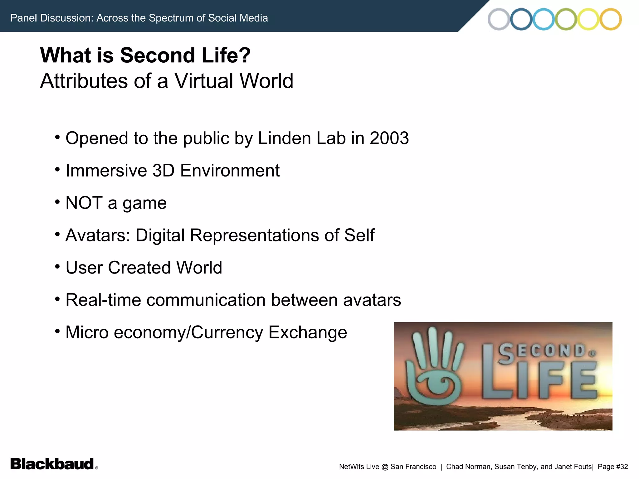 What is Second Life? Attributes of a Virtual World Opened to the public by Linden Lab in 2003 Immersive 3D Environment NOT a game Avatars: Digital Representations of Self User Created World Real-time communication between avatars Micro economy/Currency Exchange 