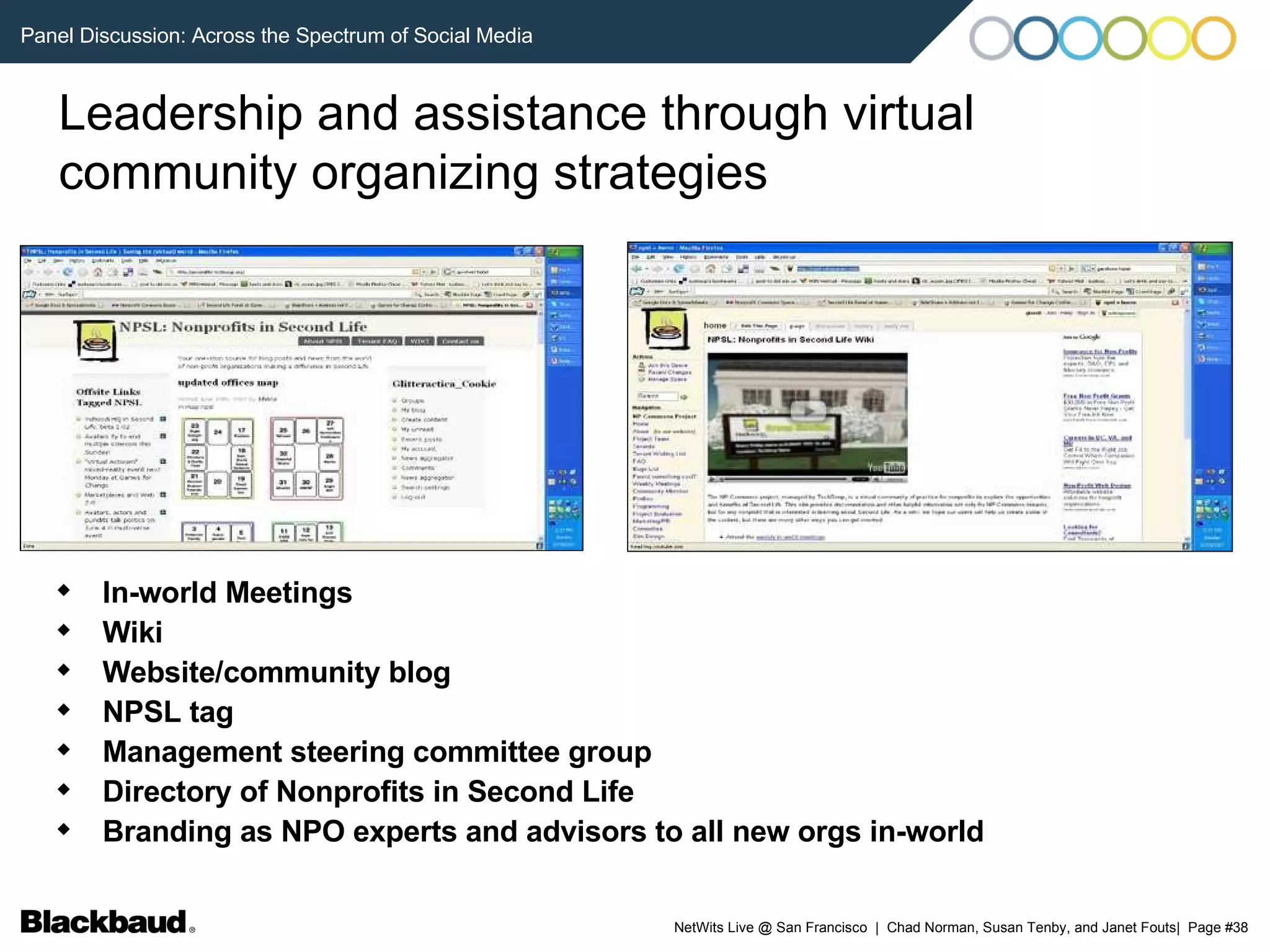 Leadership and assistance through virtual community organizing strategies In-world Meetings Wiki Website/community blog NPSL tag Management steering committee group Directory of Nonprofits in Second Life Branding as NPO experts and advisors to all new orgs in-world 