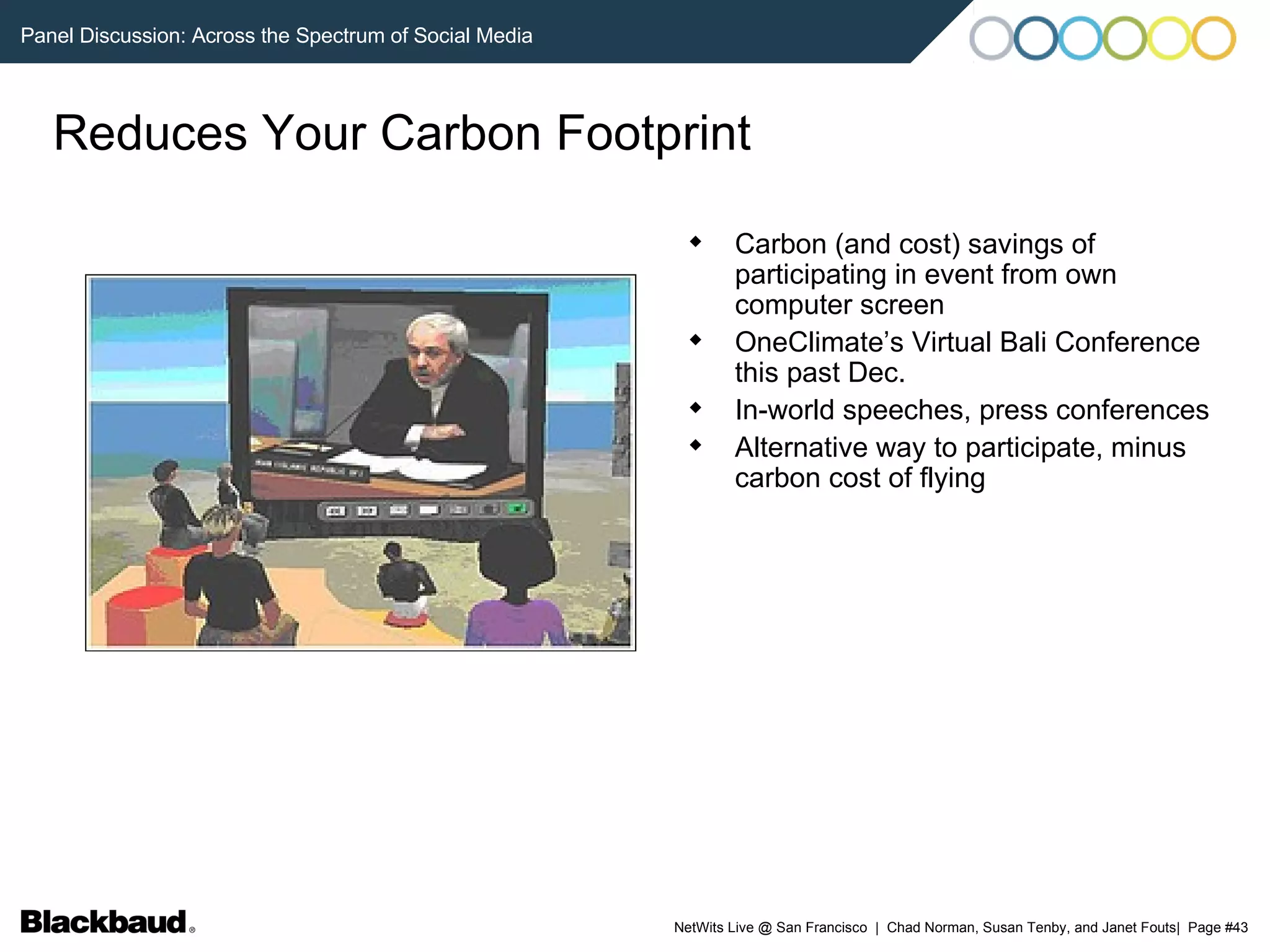 Reduces Your Carbon Footprint Carbon (and cost) savings of participating in event from own computer screen OneClimate’s Virtual Bali Conference this past Dec. In-world speeches, press conferences Alternative way to participate, minus carbon cost of flying 