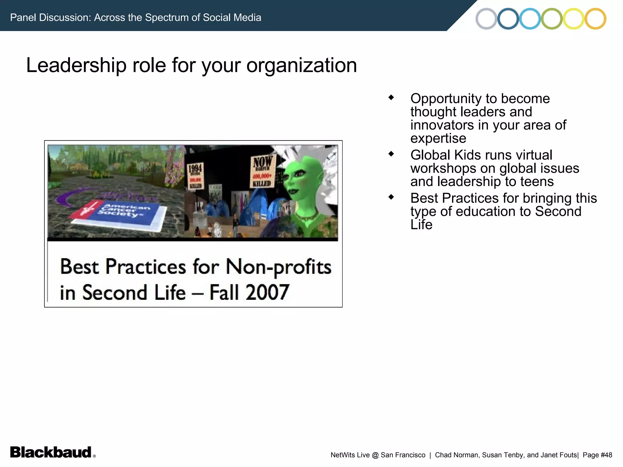 Leadership role for your organization Opportunity to become thought leaders and innovators in your area of expertise Global Kids runs virtual workshops on global issues and leadership to teens Best Practices for bringing this type of education to Second Life 
