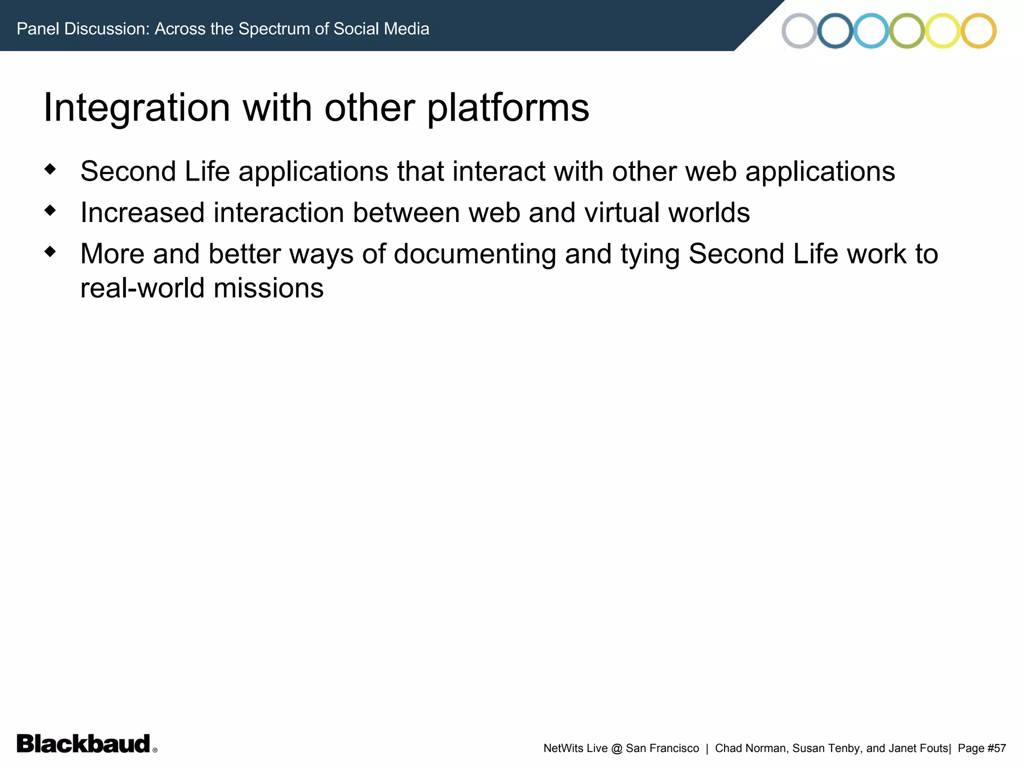 Integration with other platforms Second Life applications that interact with other web applications Increased interaction between web and virtual worlds More and better ways of documenting and tying Second Life work to real-world missions 