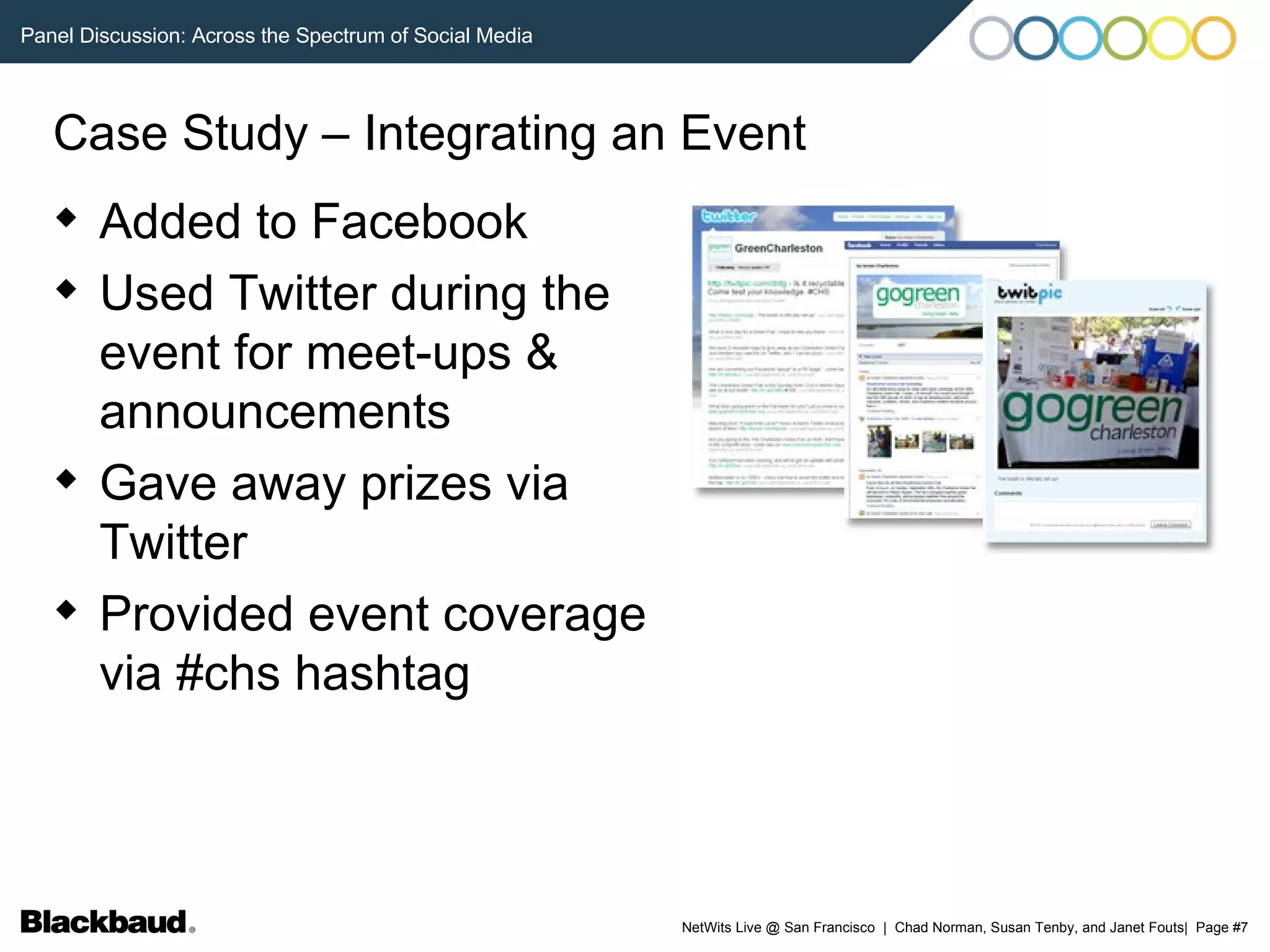 Case Study – Integrating an Event Added to Facebook Used Twitter during the event for meet-ups & announcements Gave away prizes via Twitter Provided event coverage via #chs hashtag 