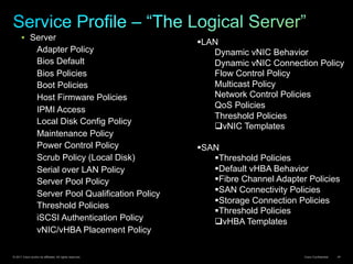 © 2011 Cisco and/or its affiliates. All rights reserved. Cisco Confidential 34
§  Server
Adapter Policy
Bios Default
Bios Policies
Boot Policies
Host Firmware Policies
IPMI Access
Local Disk Config Policy
Maintenance Policy
Power Control Policy
Scrub Policy (Local Disk)
Serial over LAN Policy
Server Pool Policy
Server Pool Qualification Policy
Threshold Policies
iSCSI Authentication Policy
vNIC/vHBA Placement Policy
§ LAN
Dynamic vNIC Behavior
Dynamic vNIC Connection Policy
Flow Control Policy
Multicast Policy
Network Control Policies
QoS Policies
Threshold Policies
q vNIC Templates
§ SAN
§ Threshold Policies
§ Default vHBA Behavior
§ Fibre Channel Adapter Policies
§ SAN Connectivity Policies
§ Storage Connection Policies
§ Threshold Policies
q vHBA Templates
 