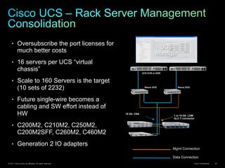 © 2011 Cisco and/or its affiliates. All rights reserved. Cisco Confidential 43
•  Oversubscribe the port licenses for
much better costs
•  16 servers per UCS “virtual
chassis”
•  Scale to 160 Servers is the target
(10 sets of 2232)
•  Future single-wire becomes a
cabling and SW effort instead of
HW
•  C200M2, C210M2, C250M2,
C200M2SFF, C260M2, C460M2
•  Generation 2 IO adapters
UCS 6100 or 6200
Nexus 2232 Nexus 2232
UCS
Manager
Data Connection
Mgmt Connection
1 or 10 Gb LOM
GLC-T connector
10 Gb CNA
 